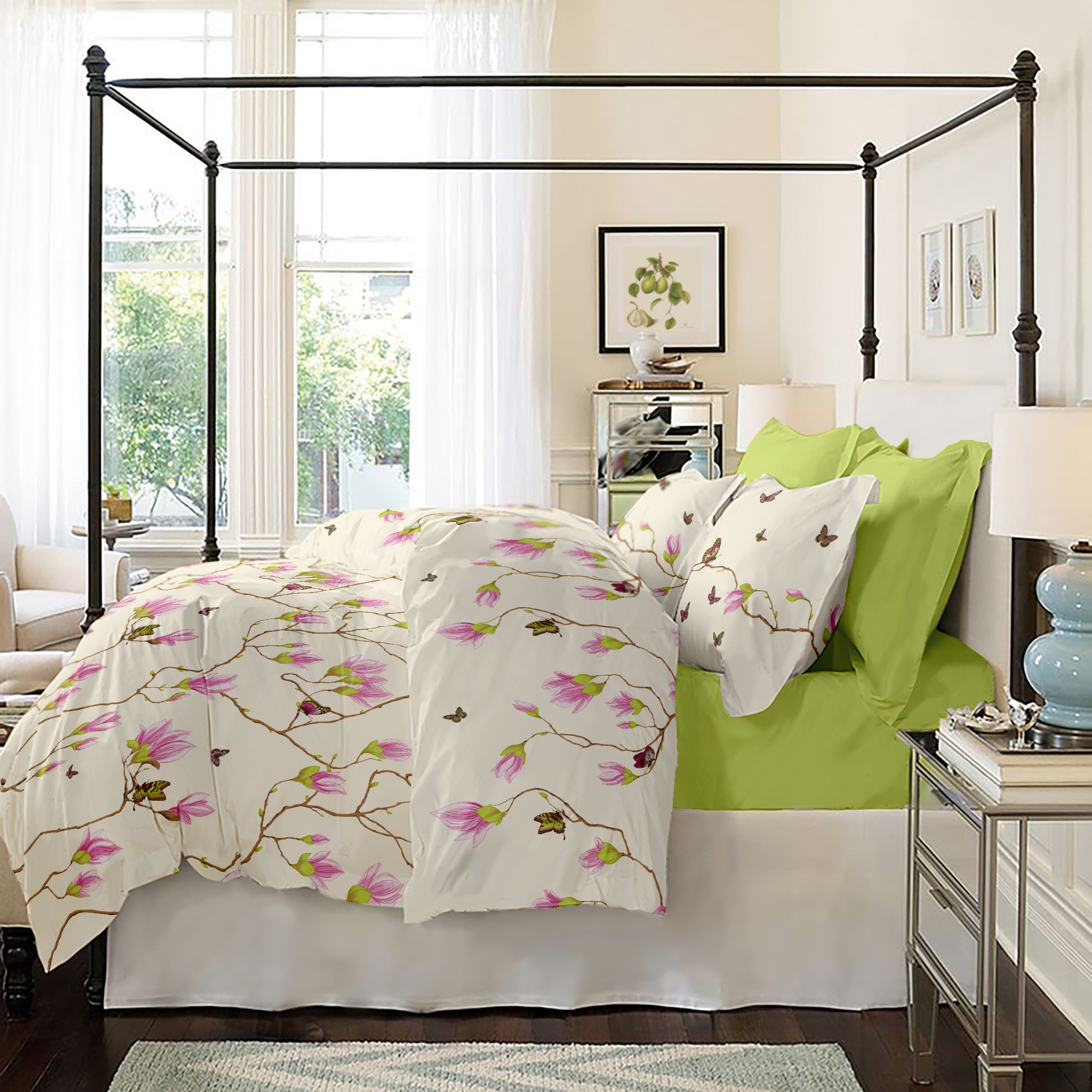Lenjerie pat Renforce desen Magnolia v.1 Lime Lenjerie pat Renforce desen Magnolia v.1 Lime