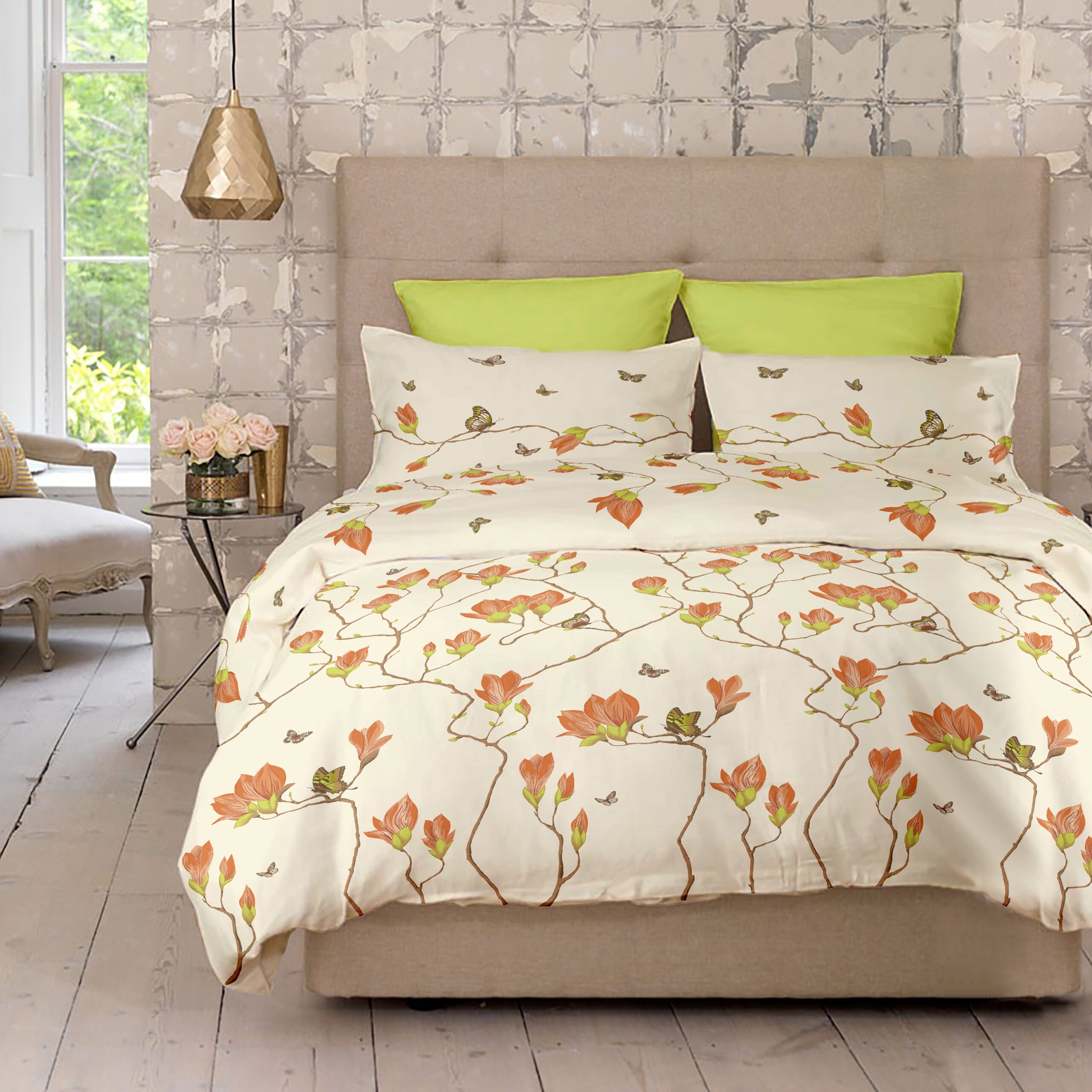 Lenjerie pat Renforce desen Magnolia v.2 Lime Lenjerie pat Renforce desen Magnolia v.2 Lime