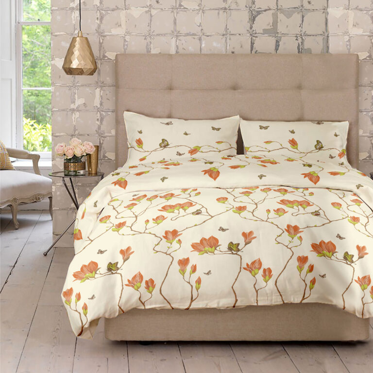 Lenjerie pat Renforce 100% bumbac desen Magnolia crem pentru pat dublu